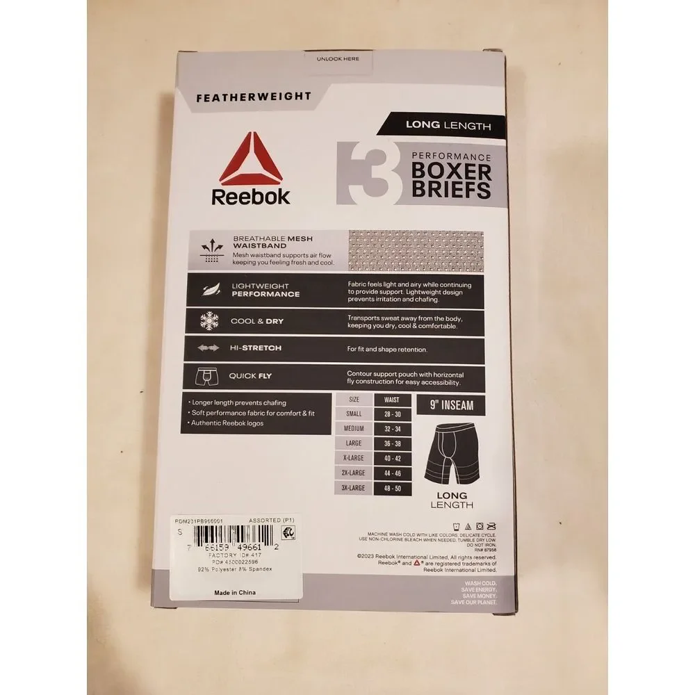 New Reebok Men's 3 Pack Featherweight Long Leg Performance Boxer Briefs‎ Small